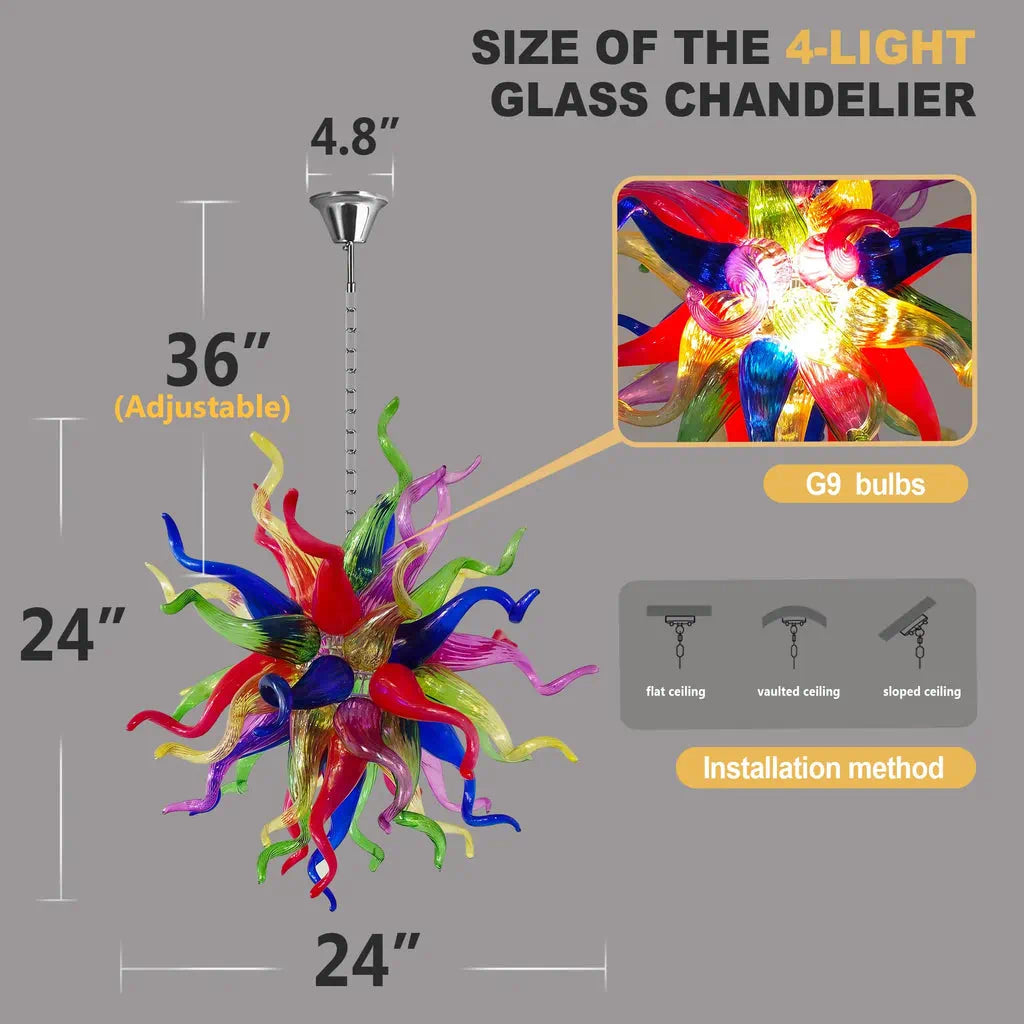 Hand-Blown Rainbow Starburst Glass Chandelier Vibrant Sculptural Art Pendant Lighting