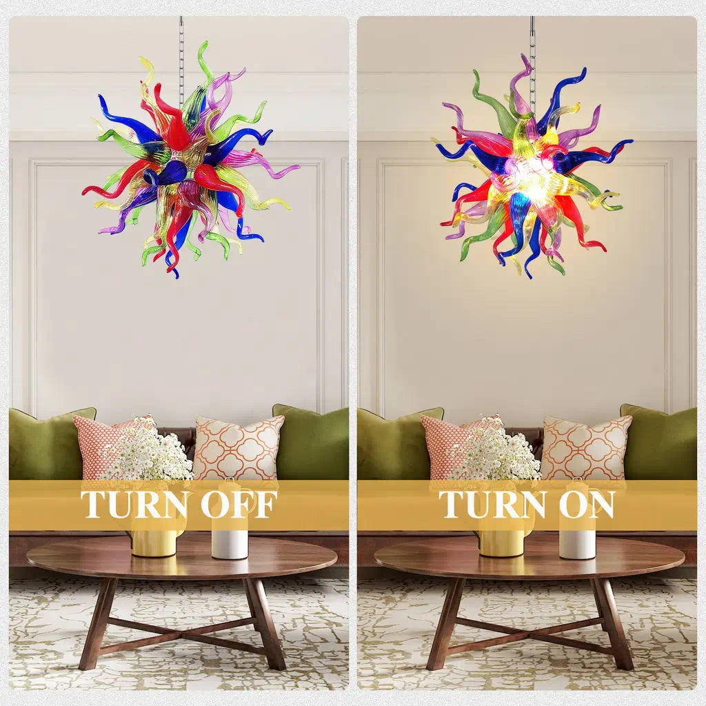 Hand-Blown Rainbow Starburst Glass Chandelier Vibrant Sculptural Art Pendant Lighting