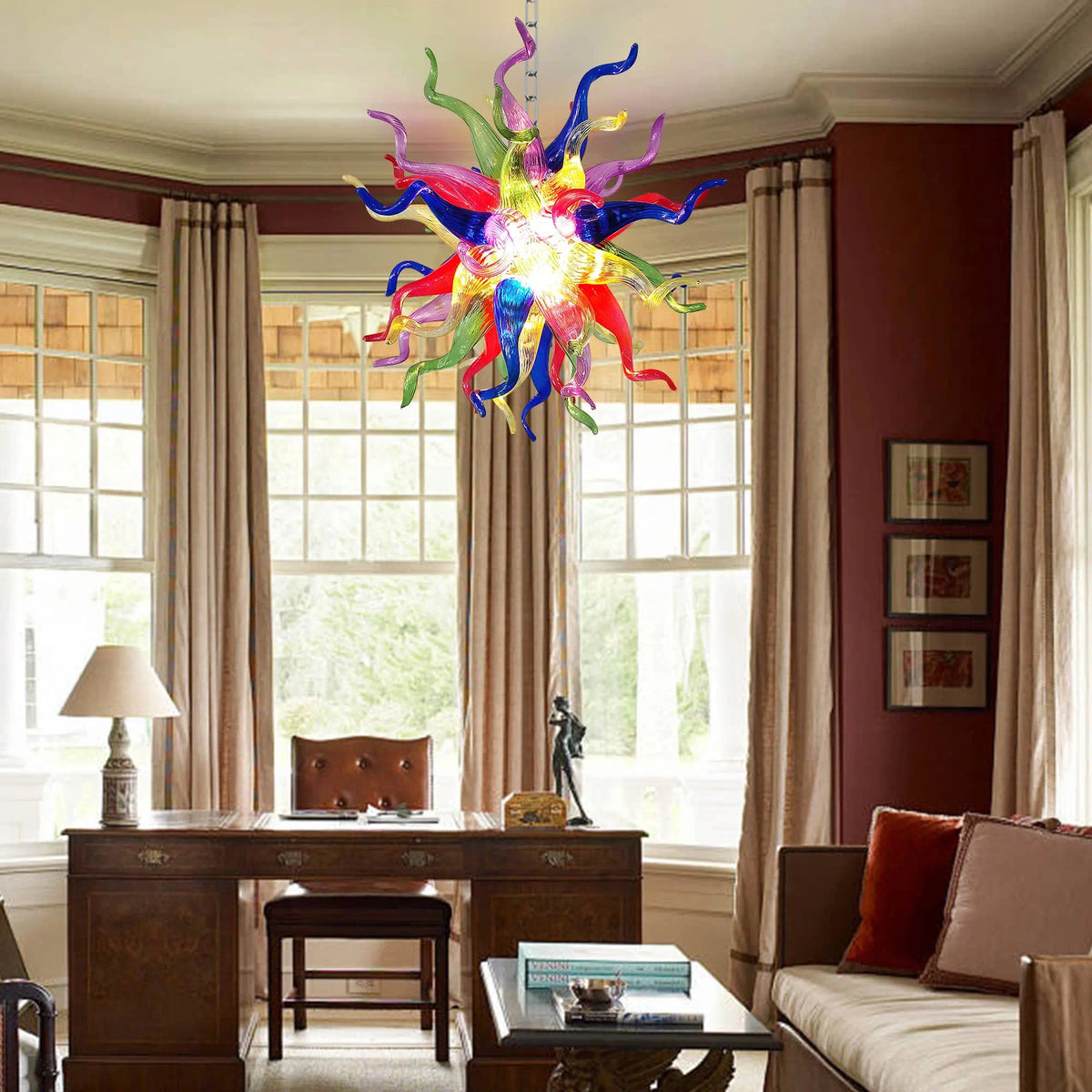 Hand-Blown Rainbow Starburst Glass Chandelier Vibrant Sculptural Art Pendant Lighting