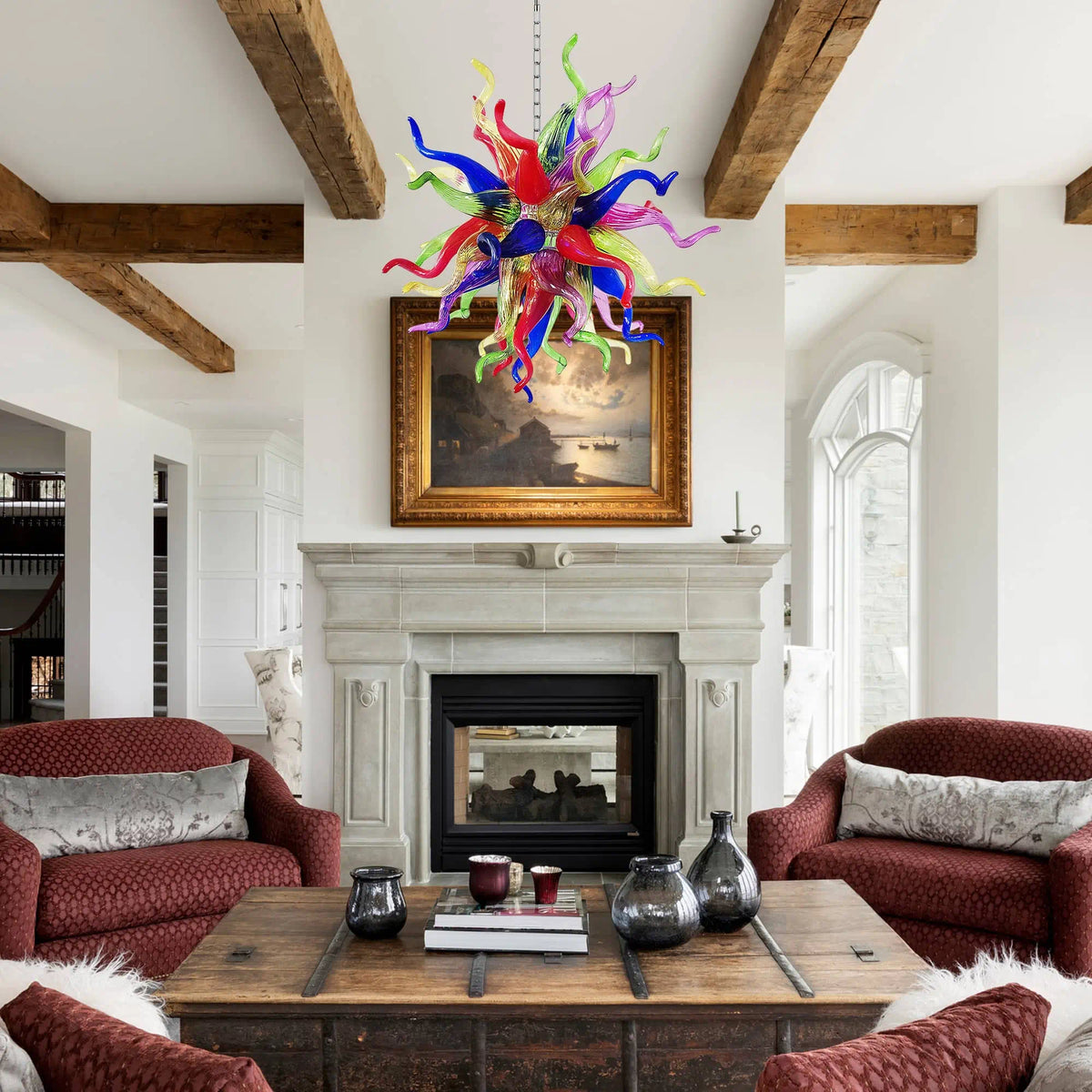 Hand-Blown Rainbow Starburst Glass Chandelier Vibrant Sculptural Art Pendant Lighting