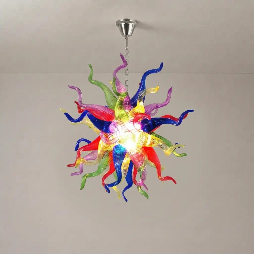 Hand-Blown Rainbow Starburst Glass Chandelier Vibrant Sculptural Art Pendant Lighting