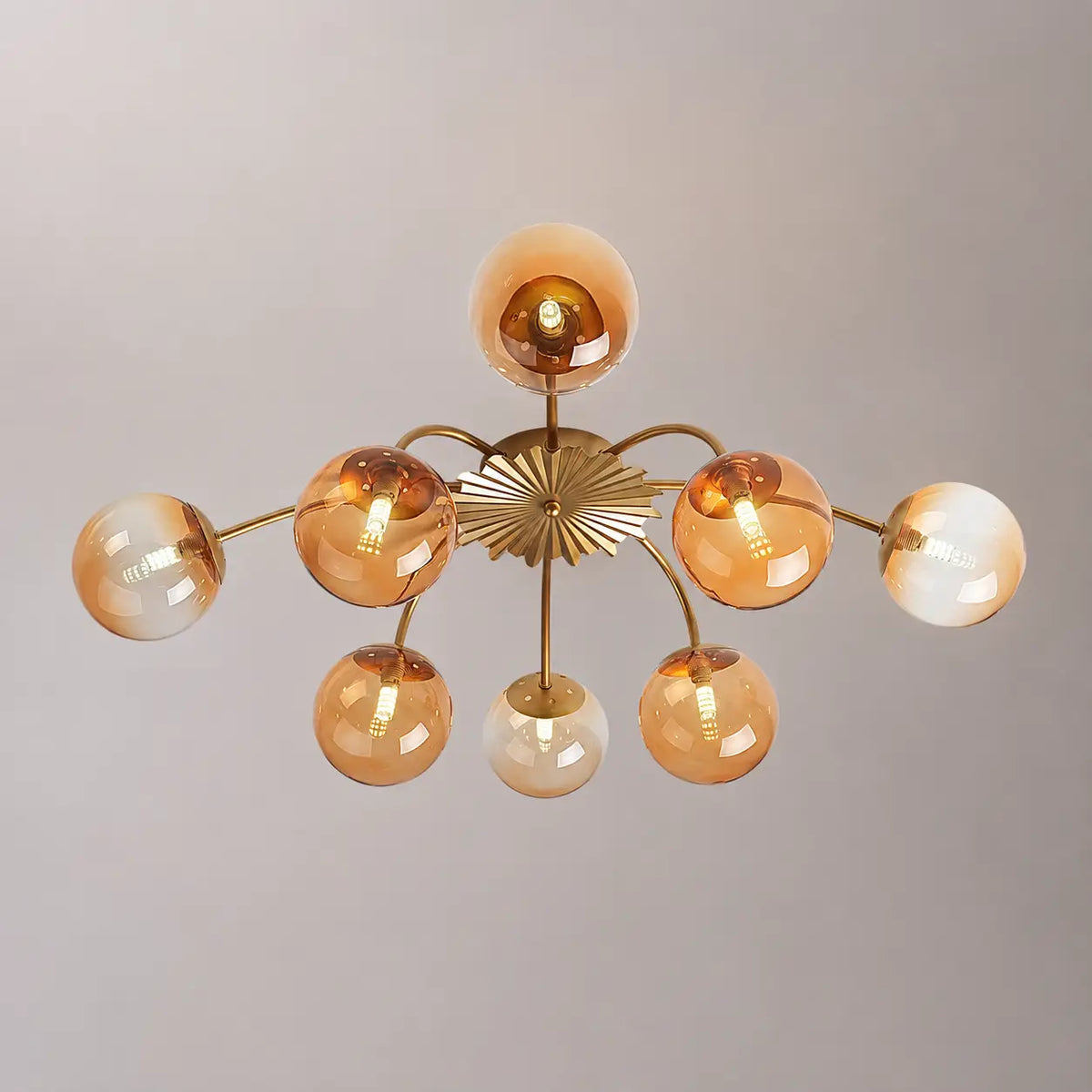 Modern 8/12-Light Amber Glass Bubble Chandelier Semi Flush Sputnik Ceiling Light with Glass Ball Globes