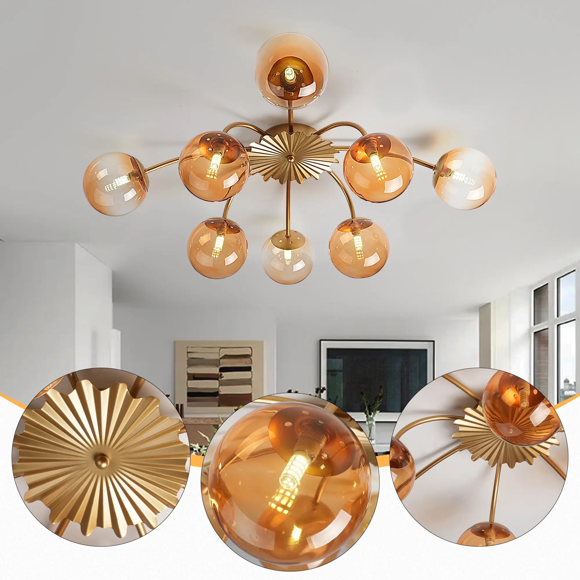 Modern 8/12-Light Amber Glass Bubble Chandelier Semi Flush Sputnik Ceiling Light with Glass Ball Globes