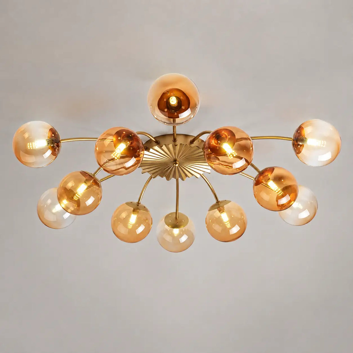 Modern 8/12-Light Amber Glass Bubble Chandelier Semi Flush Sputnik Ceiling Light with Glass Ball Globes