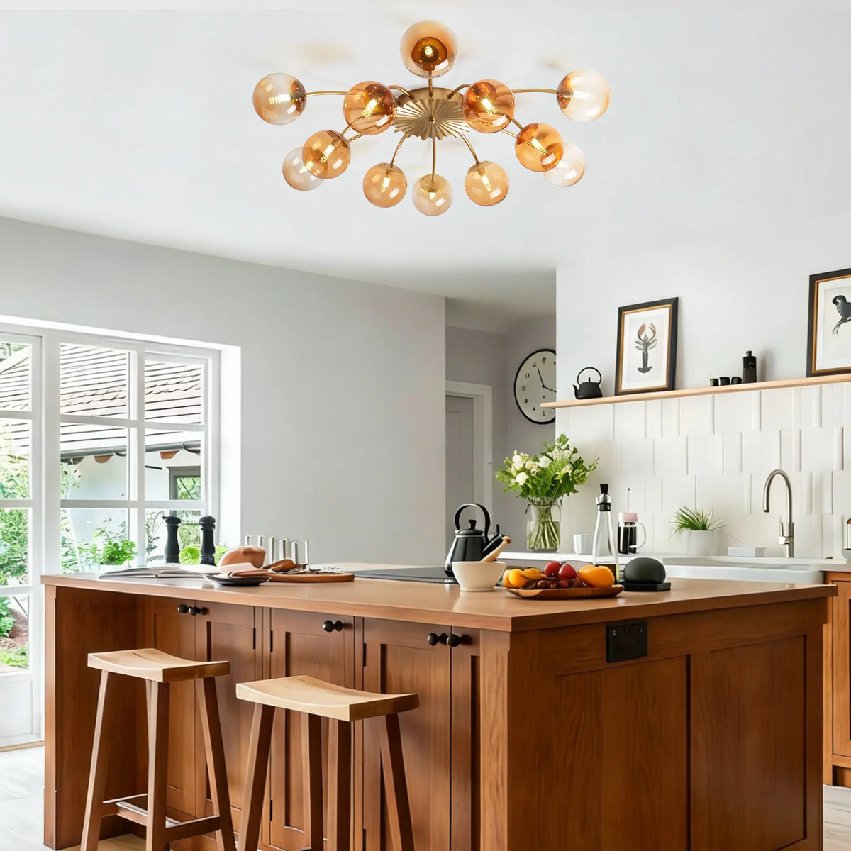 Modern 8/12-Light Amber Glass Bubble Chandelier Semi Flush Sputnik Ceiling Light with Glass Ball Globes