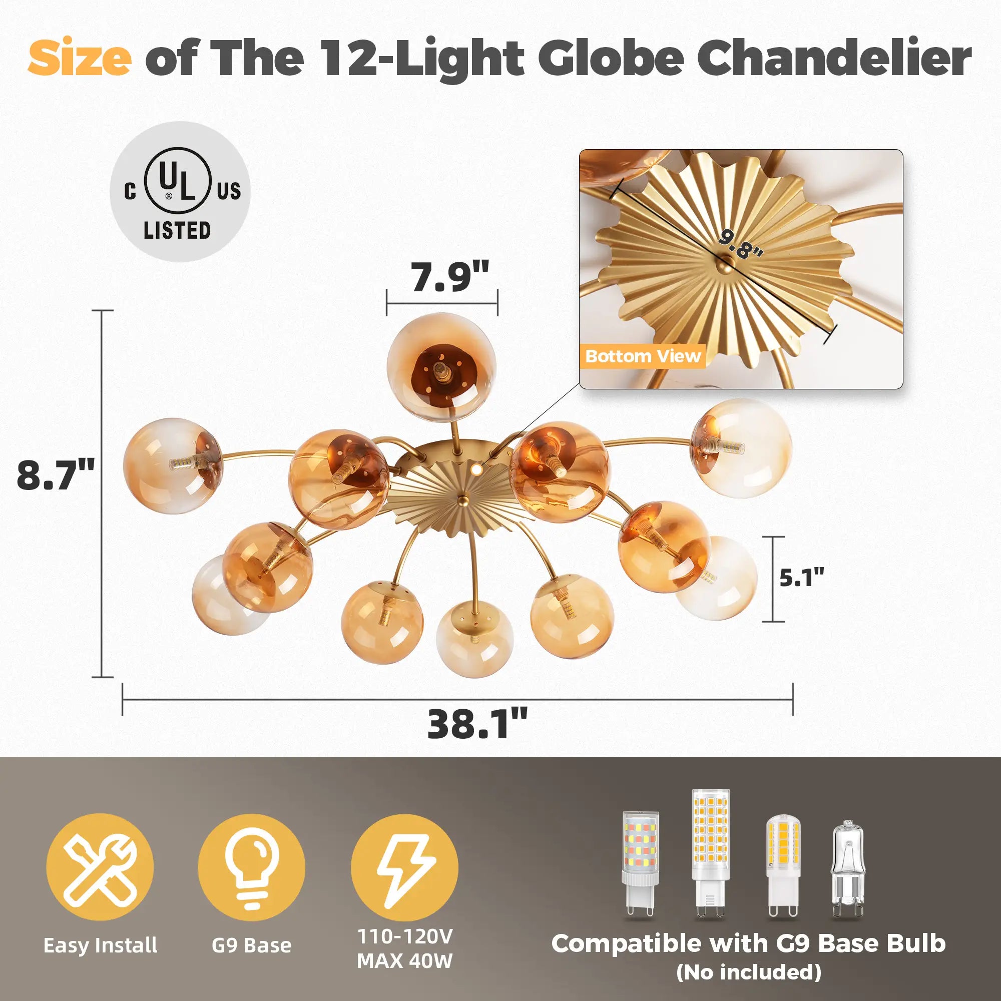 Modern 8/12-Light Amber Glass Bubble Chandelier Semi Flush Sputnik Ceiling Light with Glass Ball Globes