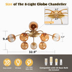 Modern 8/12-Light Amber Glass Bubble Chandelier Semi Flush Sputnik Ceiling Light with Glass Ball Globes