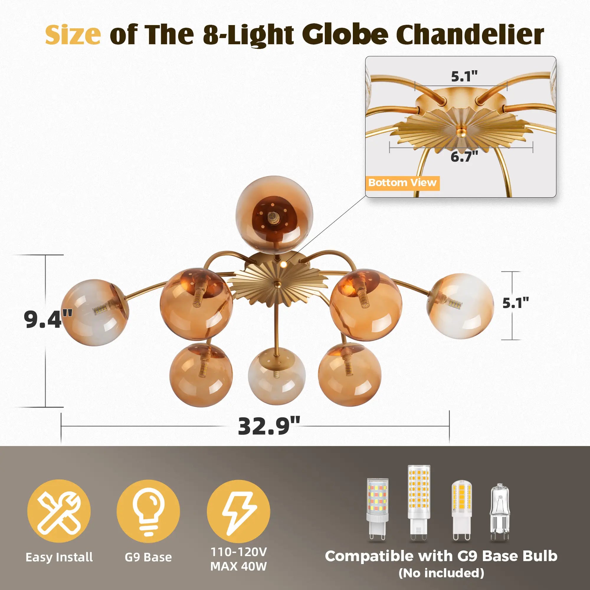 Modern 8/12-Light Amber Glass Bubble Chandelier Semi Flush Sputnik Ceiling Light with Glass Ball Globes