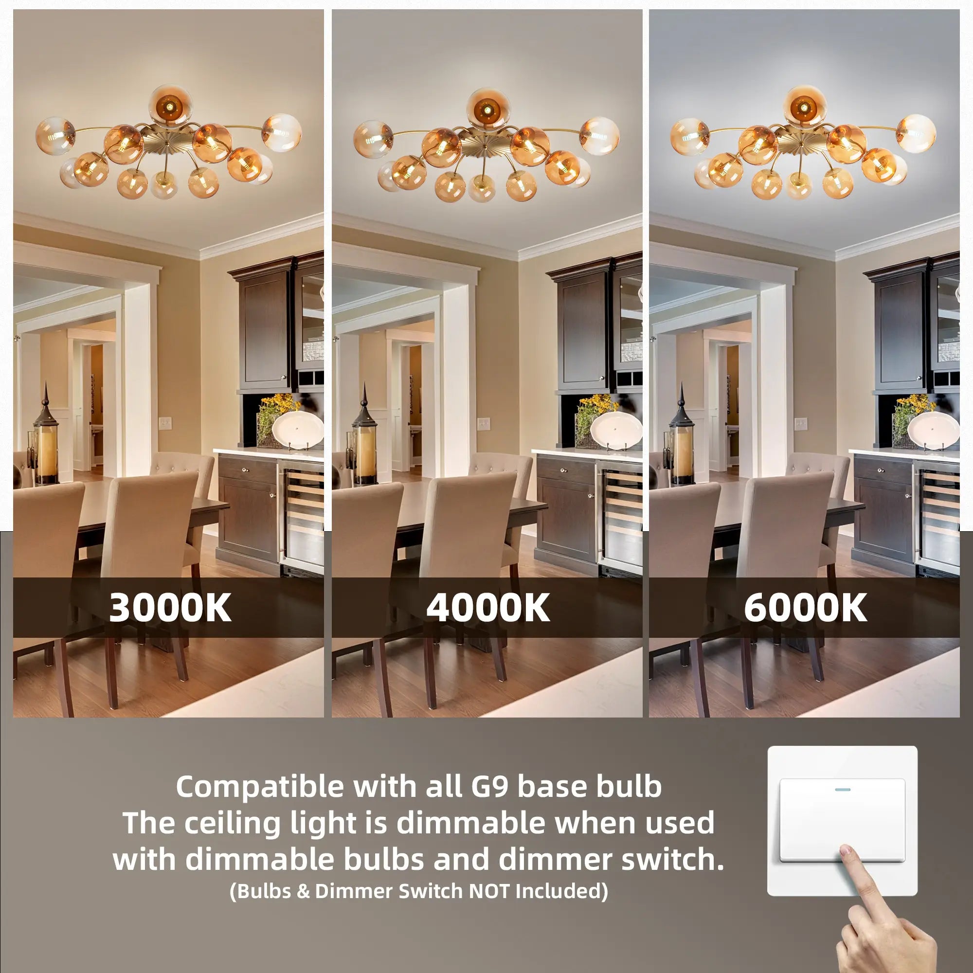 Modern 8/12-Light Amber Glass Bubble Chandelier Semi Flush Sputnik Ceiling Light with Glass Ball Globes