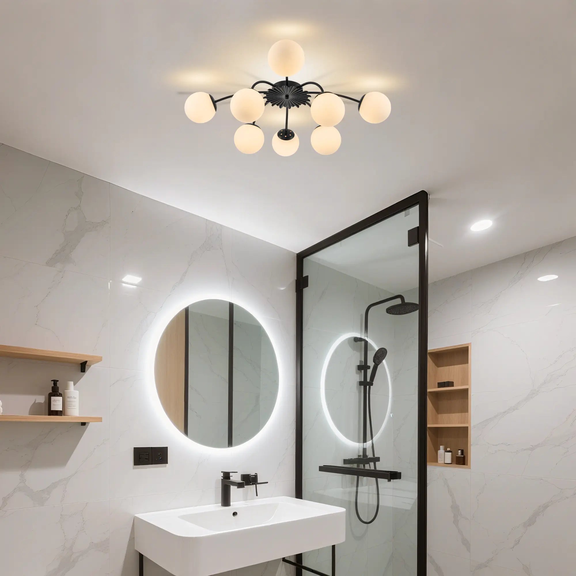 Black Modern 8/12-Light Chandelier Semi Flush Bubble Ceiling Light Sputnik Lights Fixture with Opal White Glass Globes