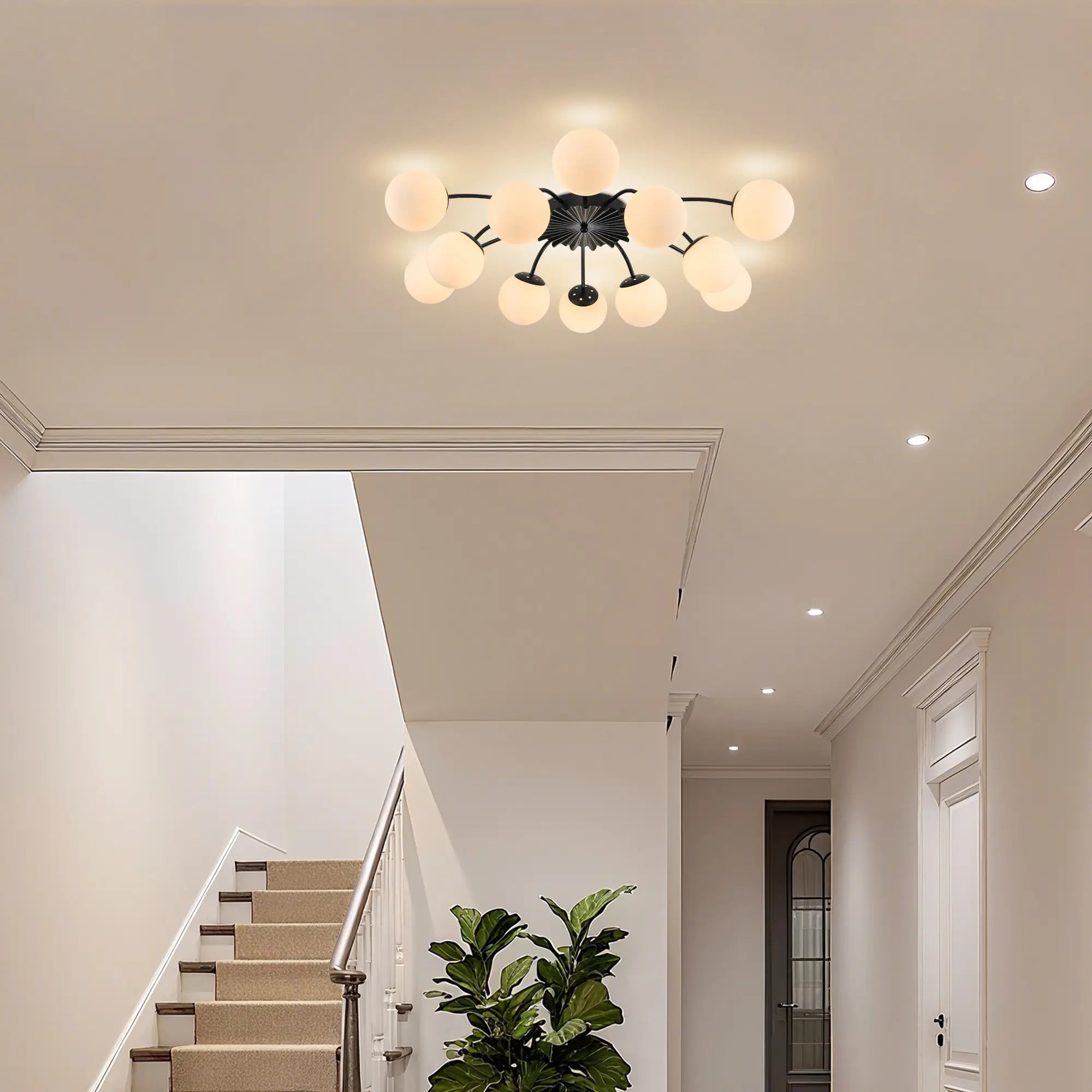 Black Modern 8/12-Light Chandelier Semi Flush Bubble Ceiling Light Sputnik Lights Fixture with Opal White Glass Globes