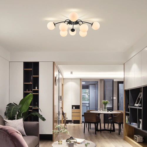 Black Modern 8/12-Light Chandelier Semi Flush Bubble Ceiling Light Sputnik Lights Fixture with Opal White Glass Globes