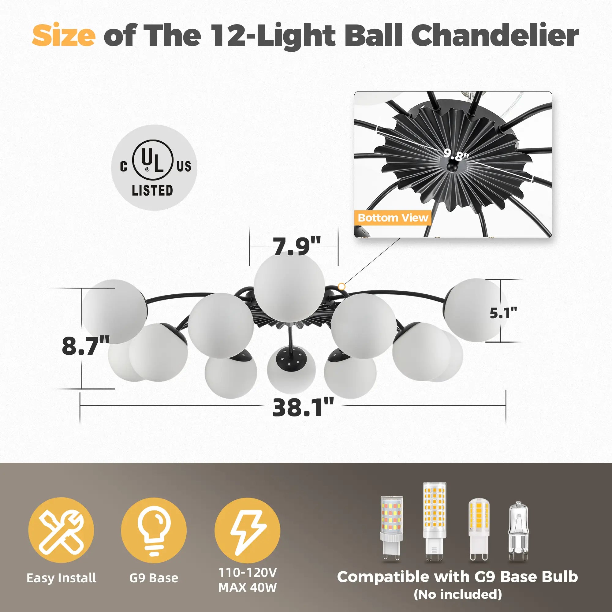 Black Modern 8/12-Light Chandelier Semi Flush Bubble Ceiling Light Sputnik Lights Fixture with Opal White Glass Globes