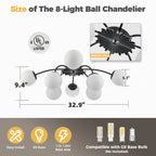 Black Modern 8/12-Light Chandelier Semi Flush Bubble Ceiling Light Sputnik Lights Fixture with Opal White Glass Globes