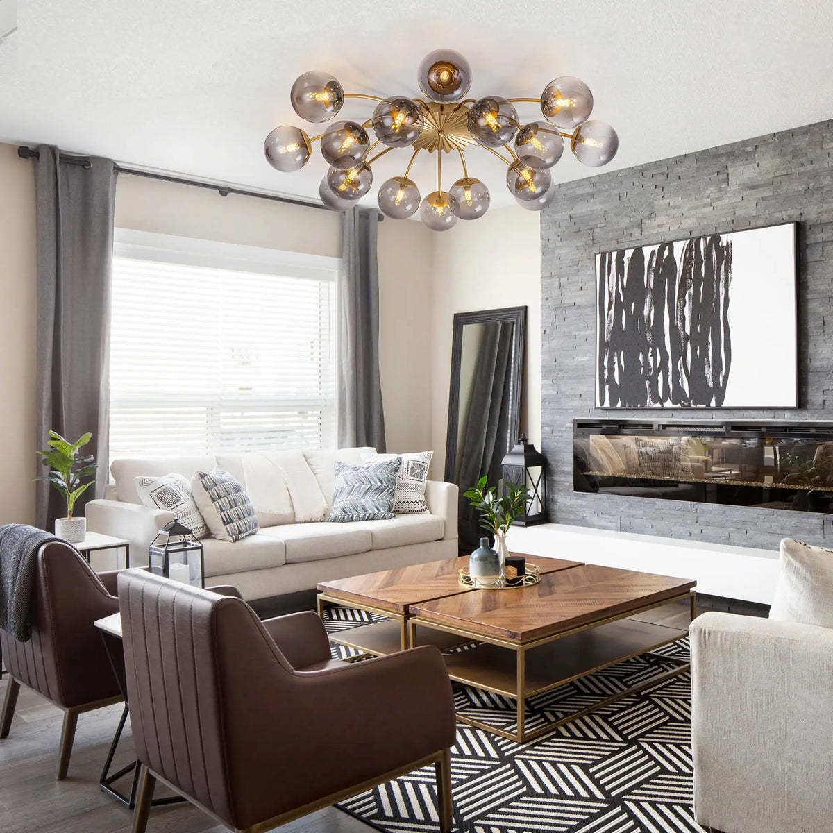 Modern 8/12/16-Light Smoke Gray Bubble Chandelier Semi Flush Sputnik Ceiling Light with Glass Globes