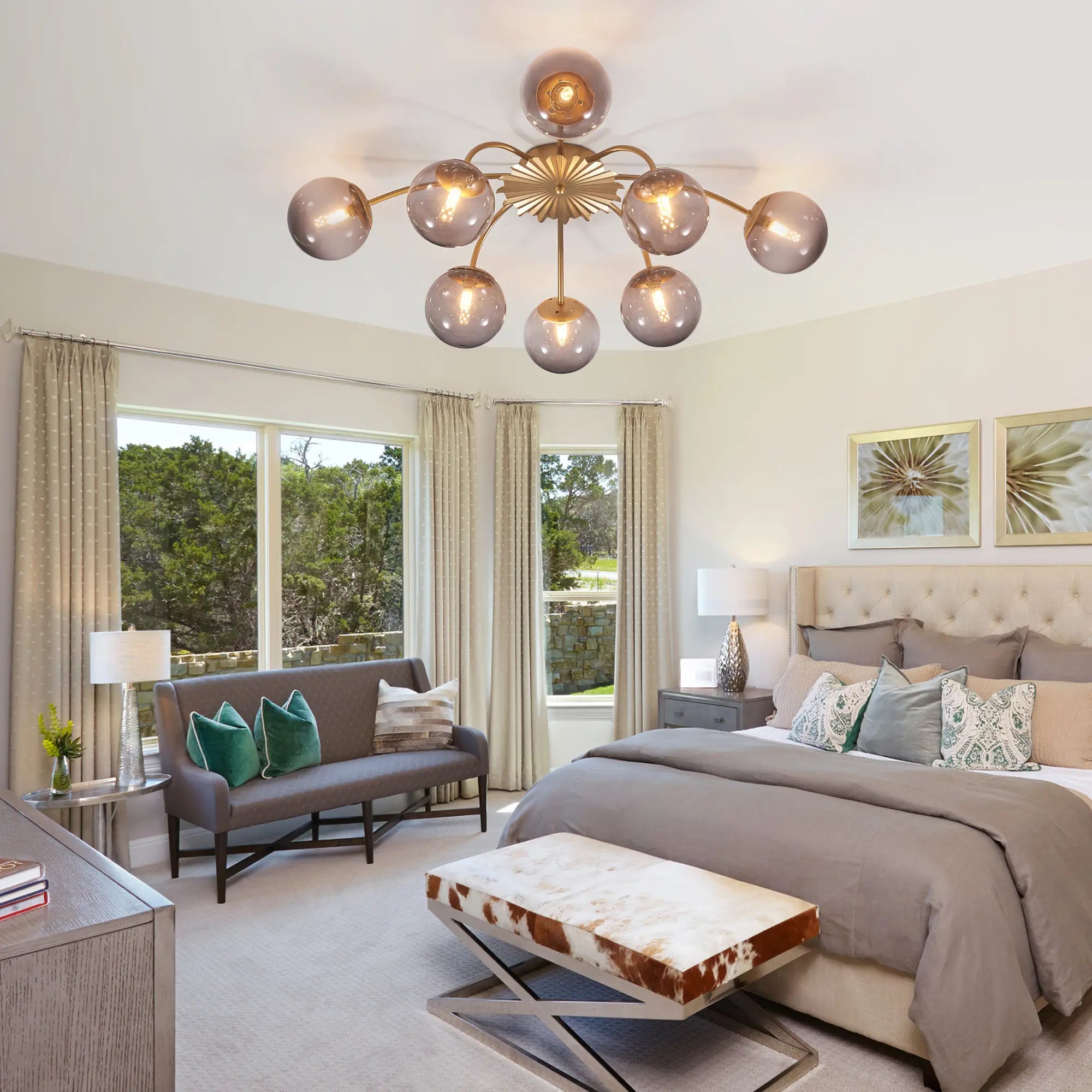 Modern 8/12/16-Light Smoke Gray Bubble Chandelier Semi Flush Sputnik Ceiling Light with Glass Globes