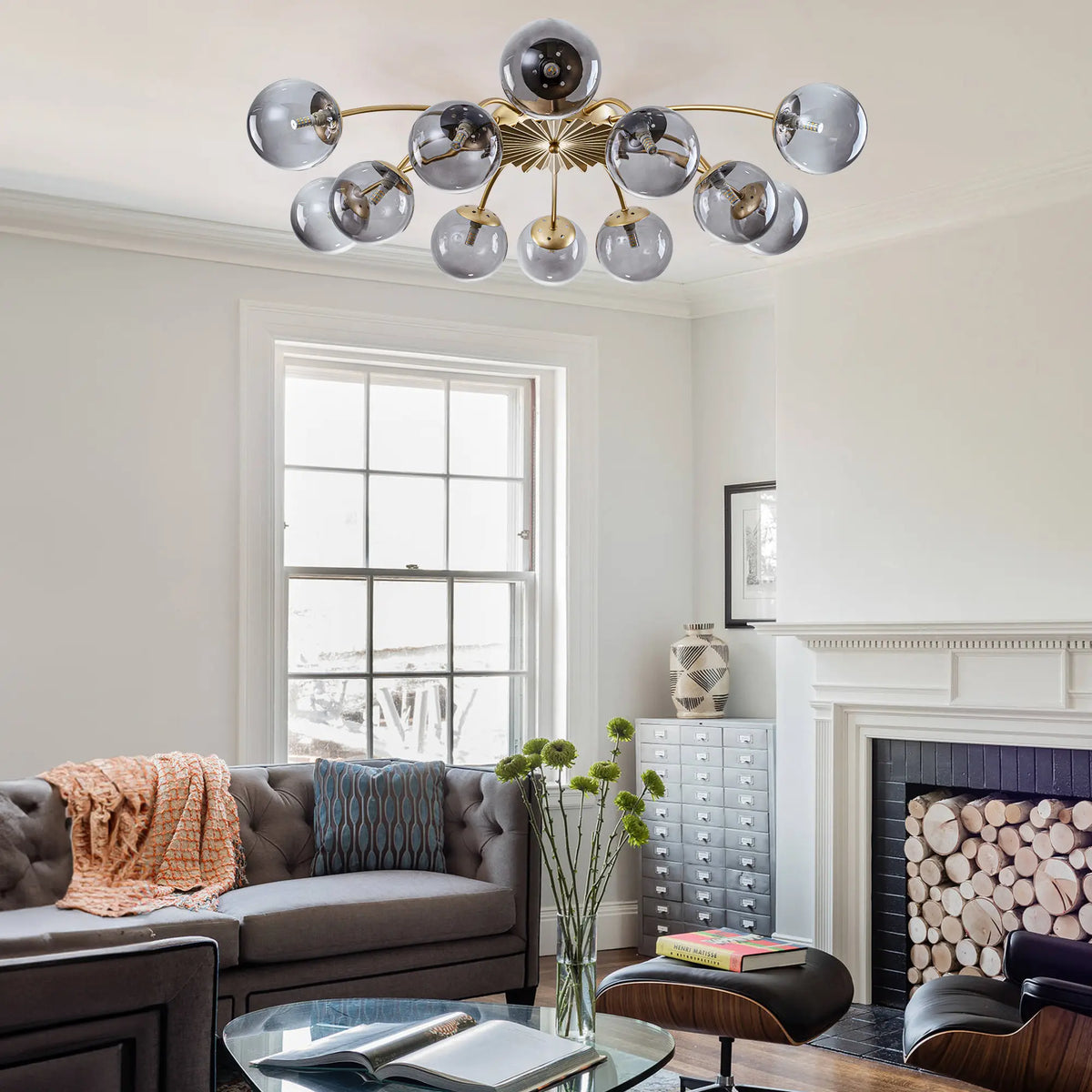 Modern 8/12/16-Light Smoke Gray Bubble Chandelier Semi Flush Sputnik Ceiling Light with Glass Globes