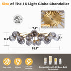 Modern 8/12/16-Light Smoke Gray Bubble Chandelier Semi Flush Sputnik Ceiling Light with Glass Globes
