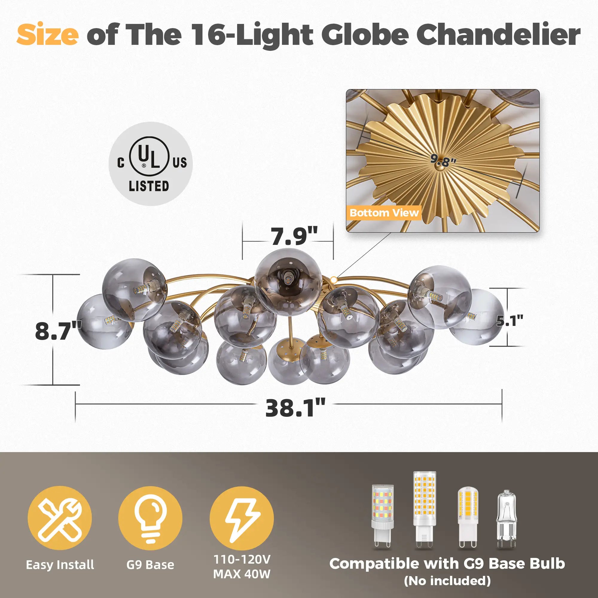 Modern 8/12/16-Light Smoke Gray Bubble Chandelier Semi Flush Sputnik Ceiling Light with Glass Globes