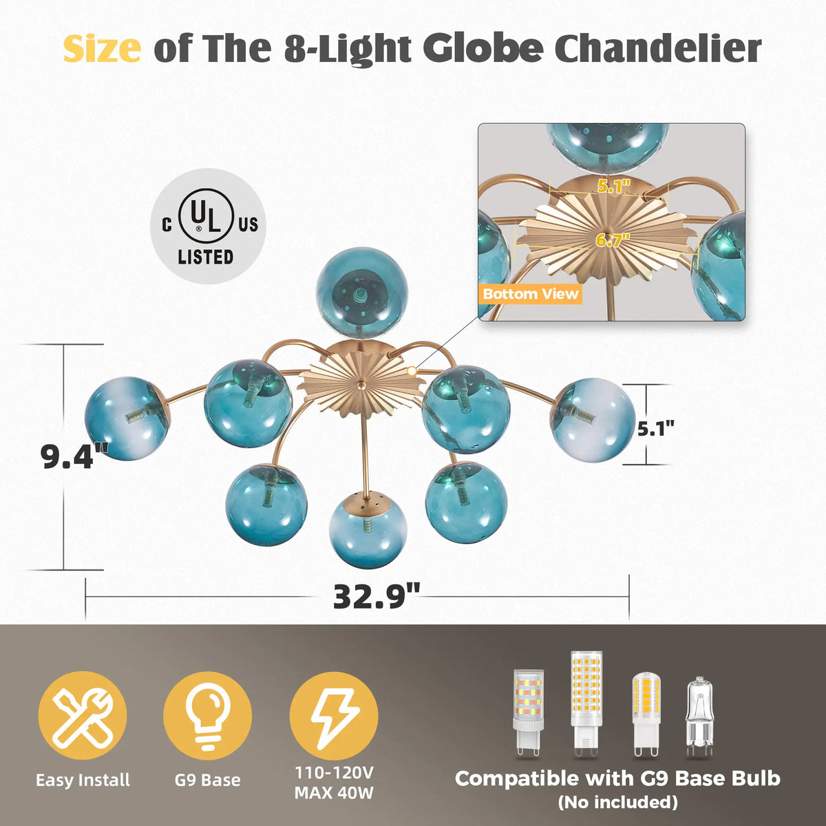 Modern 8/12/16-Light Semi-Flush Mount Ceiling Light Sputnik Lights Fixture with Teal Bubble Glass Globes