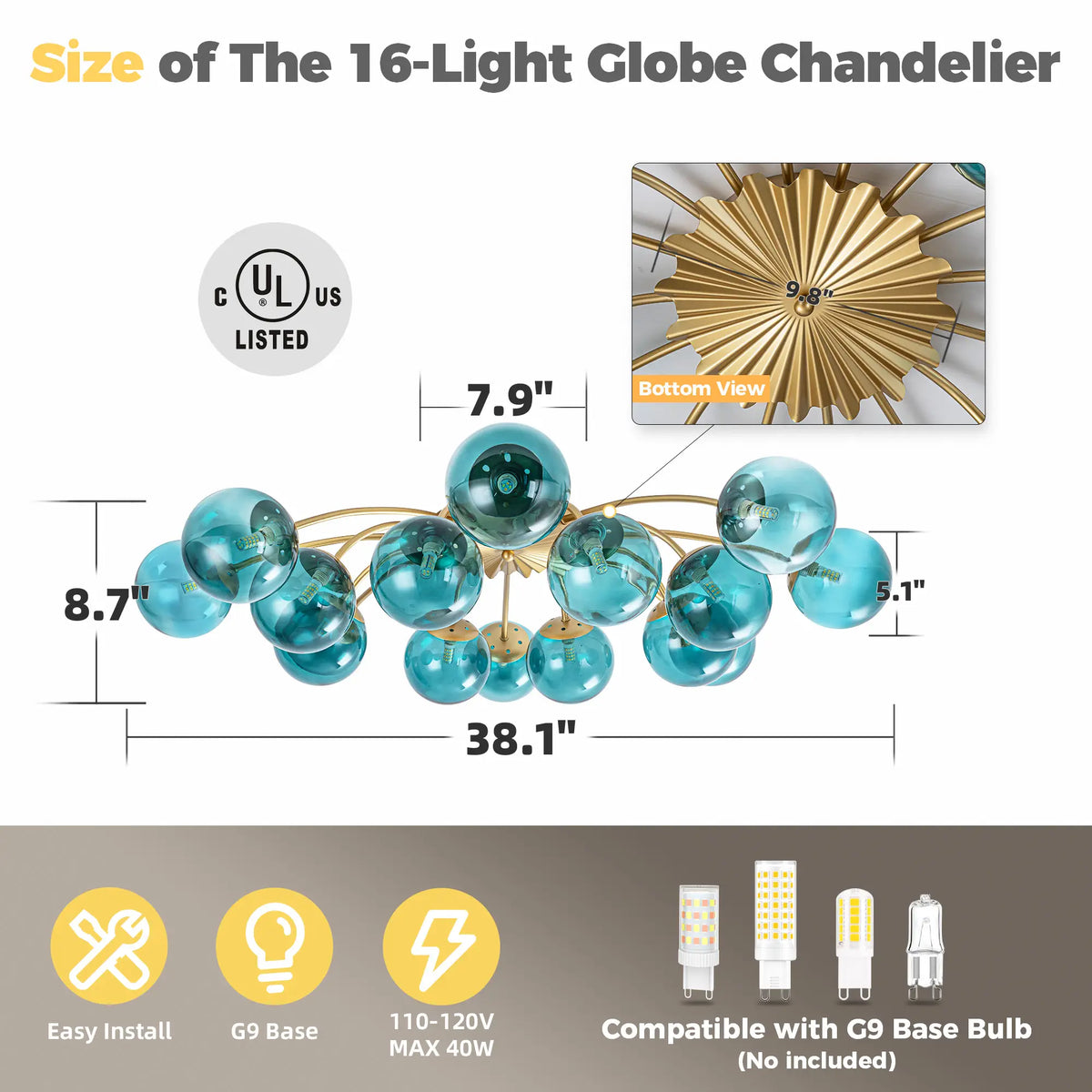 Modern 8/12/16-Light Semi-Flush Mount Ceiling Light Sputnik Lights Fixture with Teal Bubble Glass Globes