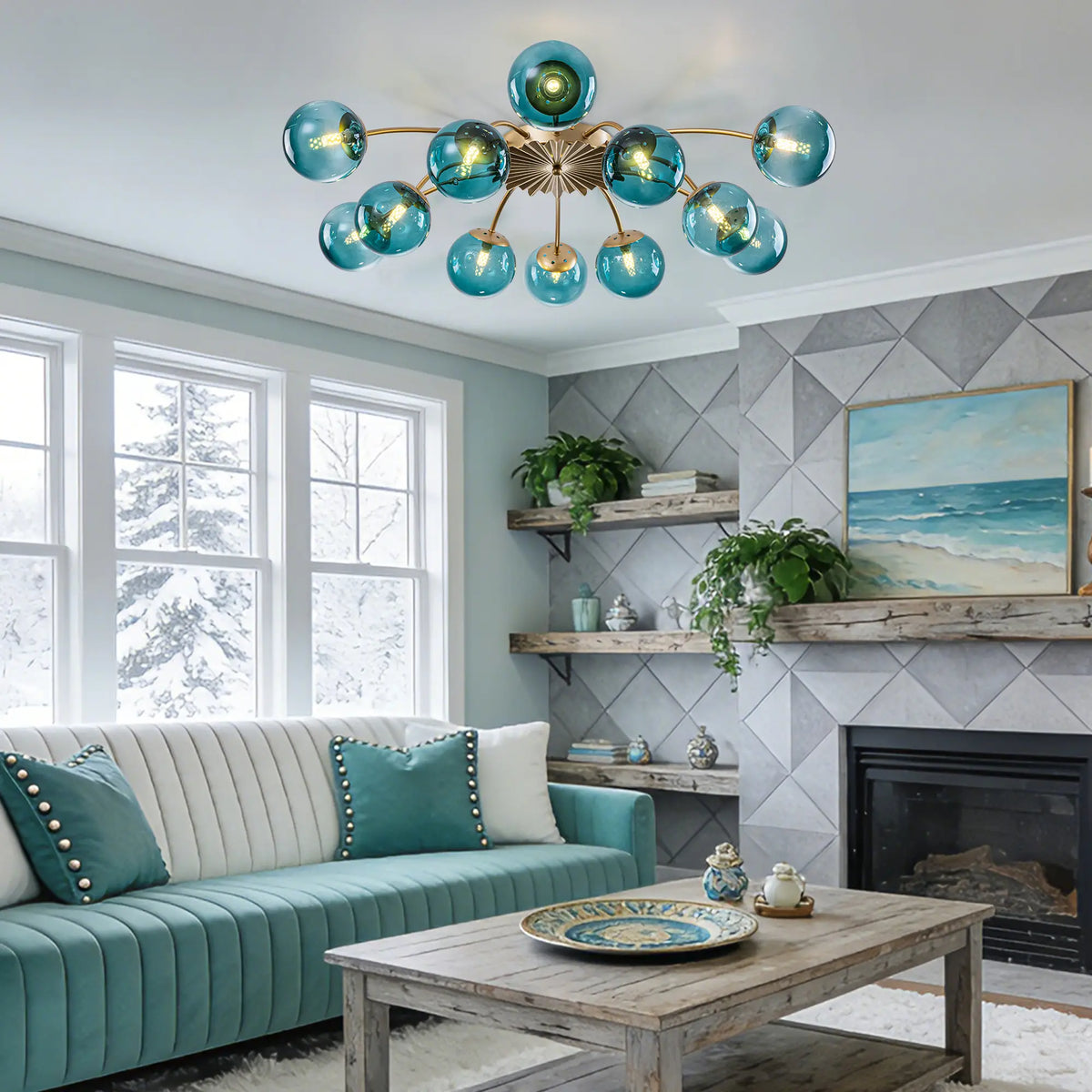 Modern 8/12/16-Light Semi-Flush Mount Ceiling Light Sputnik Lights Fixture with Teal Bubble Glass Globes