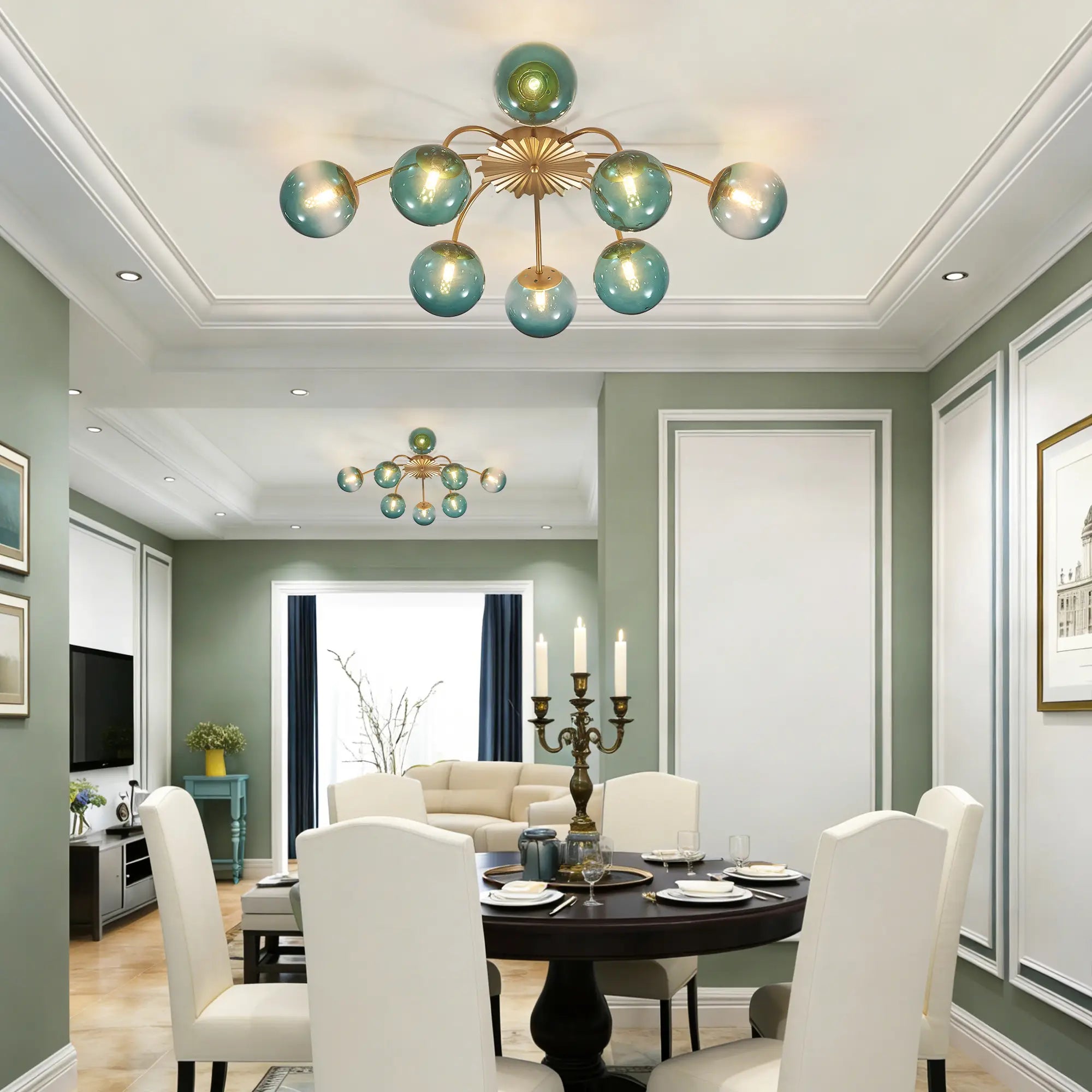 Modern 8/12/16-Light Semi-Flush Mount Ceiling Light Sputnik Lights Fixture with Teal Bubble Glass Globes