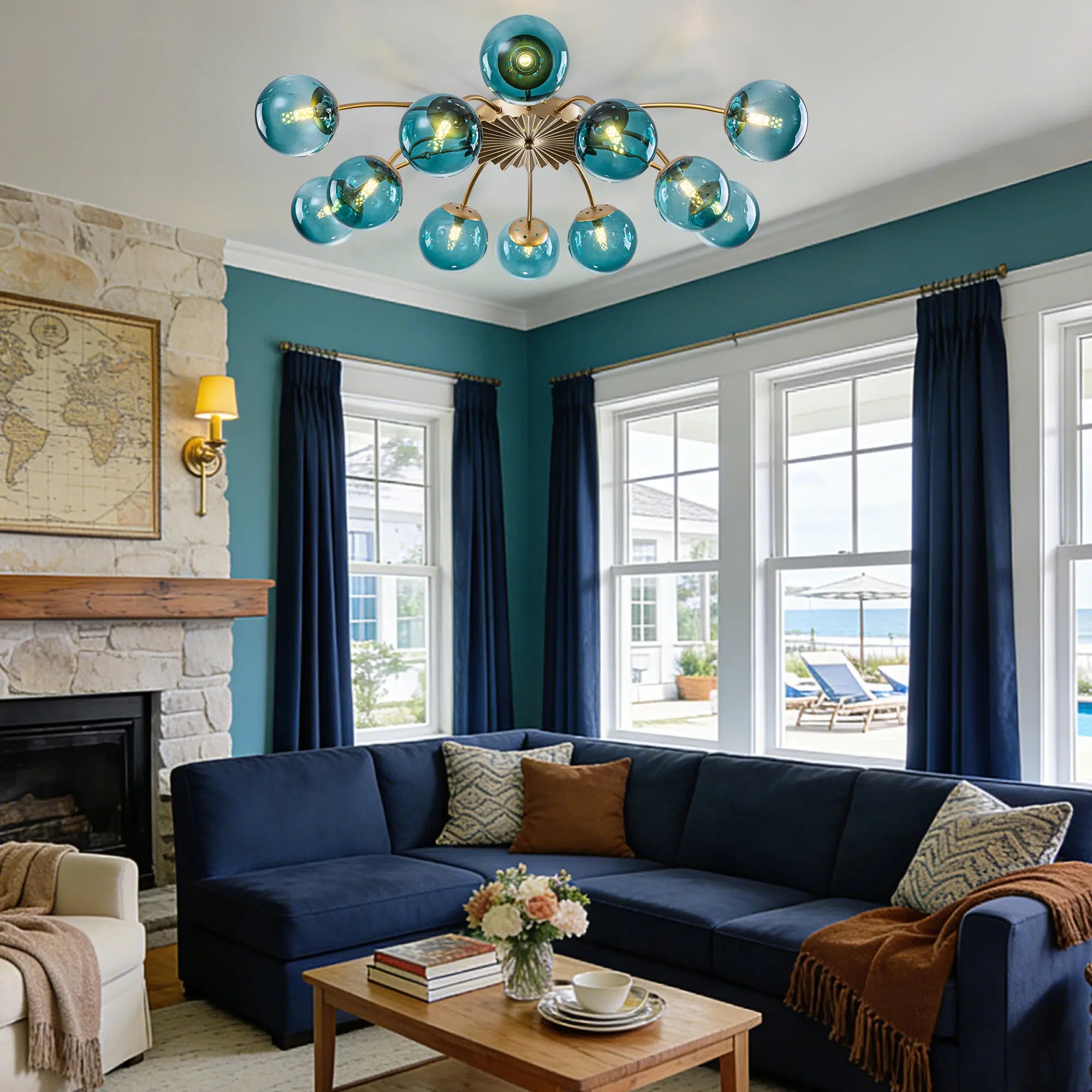Modern 8/12/16-Light Semi-Flush Mount Ceiling Light Sputnik Lights Fixture with Teal Bubble Glass Globes