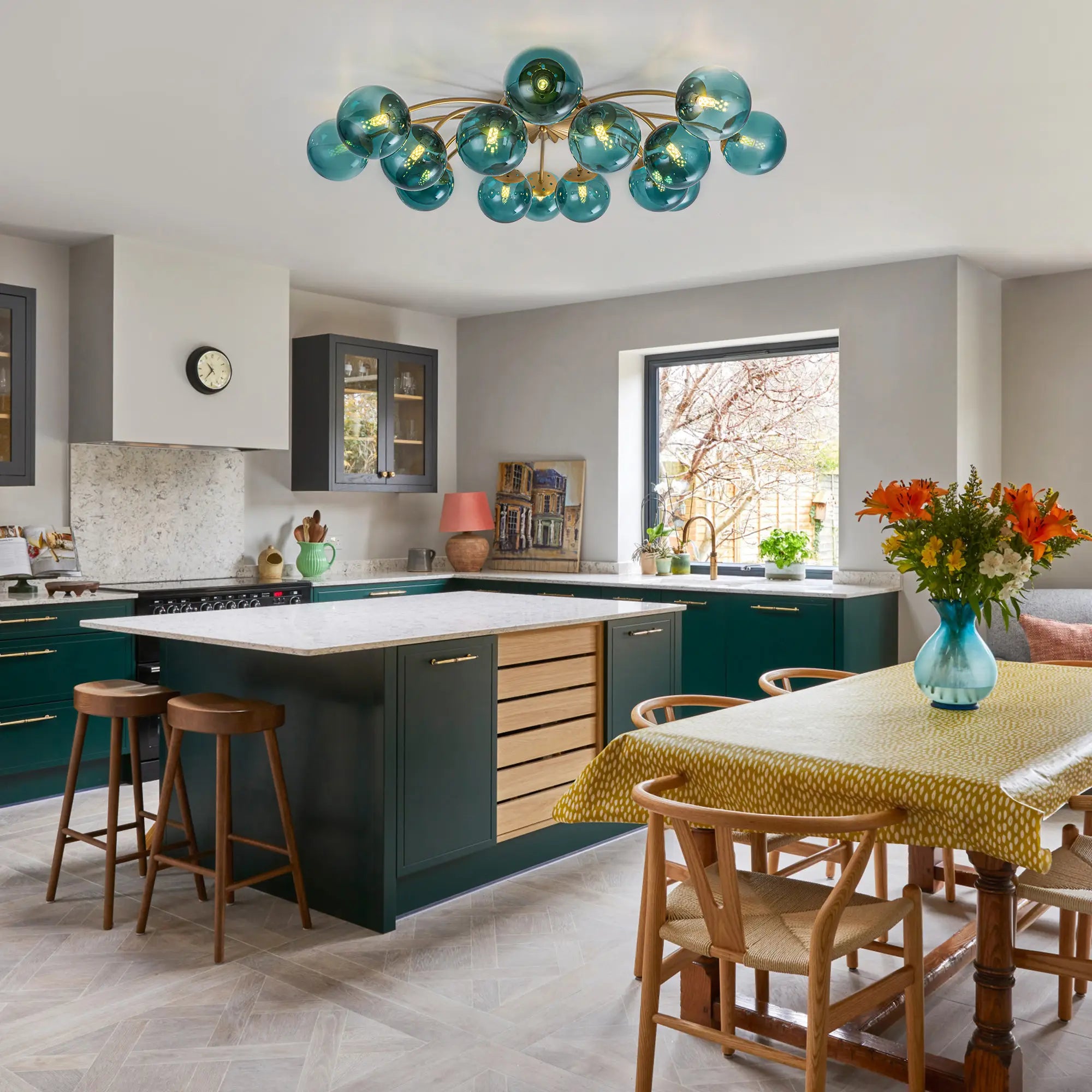 Modern 8/12/16-Light Semi-Flush Mount Ceiling Light Sputnik Lights Fixture with Teal Bubble Glass Globes