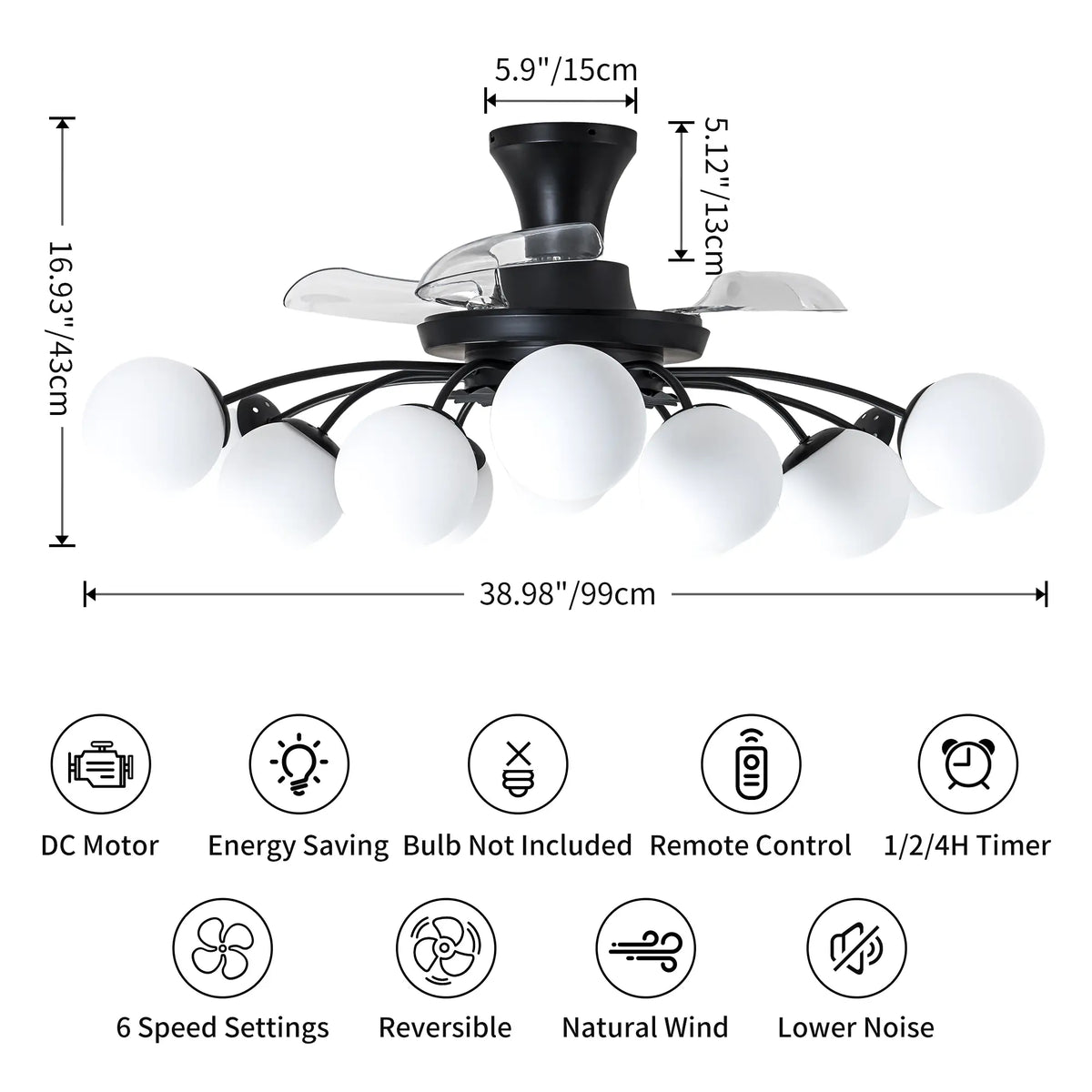 Sputnik Semi Flush Mount Bubble Ceiling Fan with 8/12 Light Modern Glass Globe Fan Light Combo with Remote Control