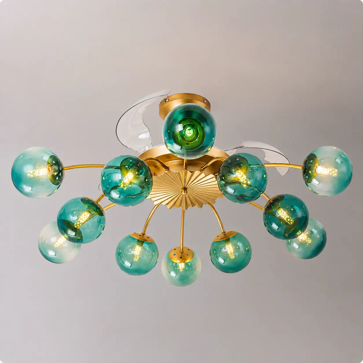 Sputnik Semi Flush Mount Bubble Ceiling Fan with 8/12 Light Modern Glass Globe Fan Light Combo with Remote Control