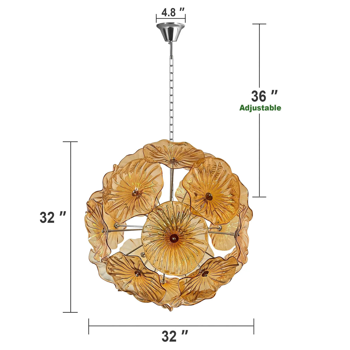 Murano-Style Amber Lotus Leaf Glass Platter Chandelier Spherical Handcrafted Art Glass Disk Pendant Light