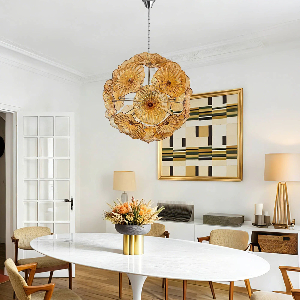Murano-Style Amber Lotus Leaf Glass Platter Chandelier Spherical Handcrafted Art Glass Disk Pendant Light
