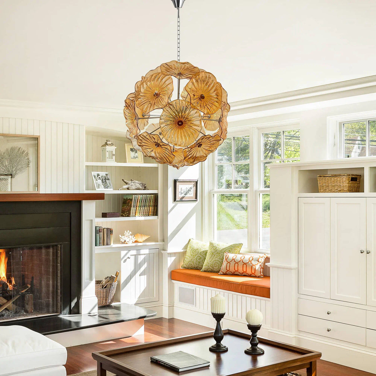 Murano-Style Amber Lotus Leaf Glass Platter Chandelier Spherical Handcrafted Art Glass Disk Pendant Light