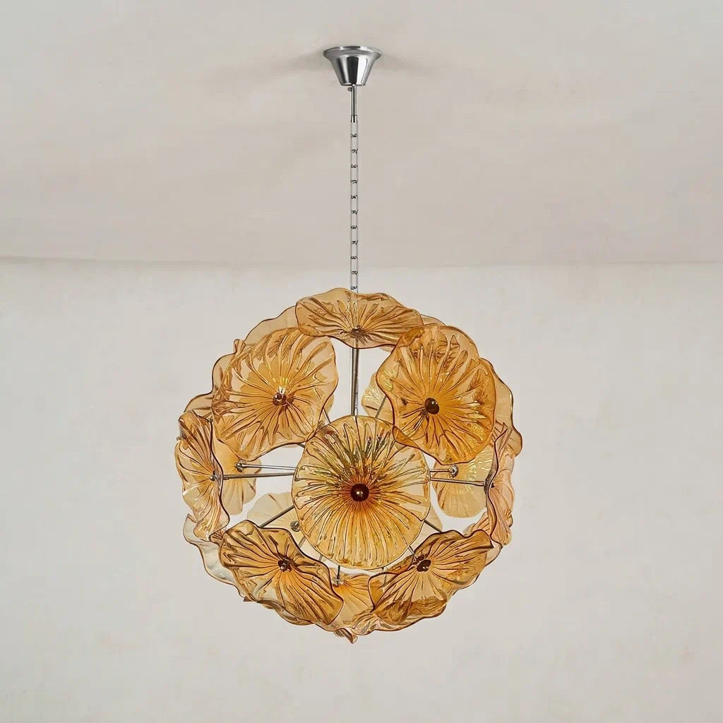 Murano-Style Amber Lotus Leaf Glass Platter Chandelier Spherical Handcrafted Art Glass Disk Pendant Light