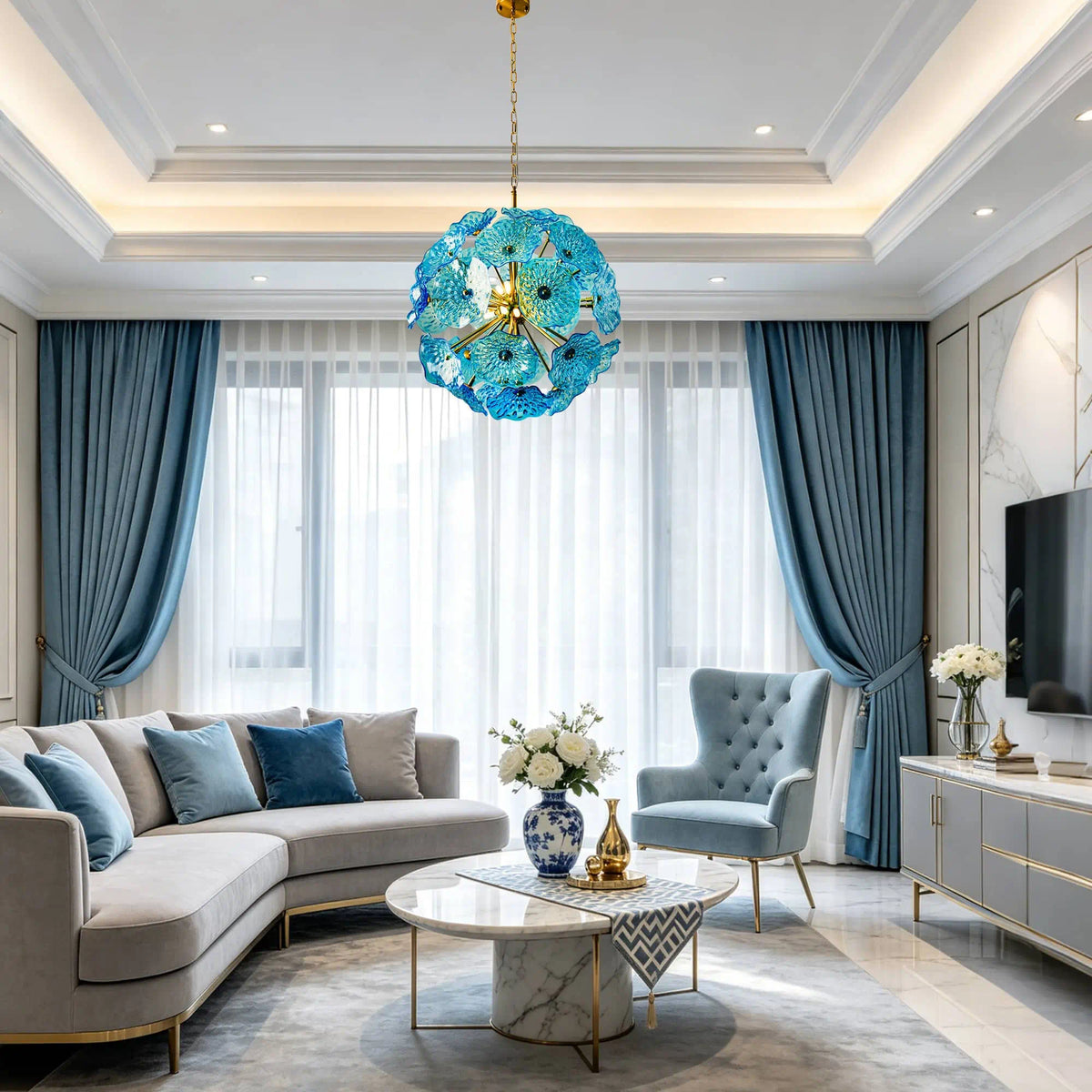 Murano-Style Blue Lotus Leaf Glass Chandelier Modern Handcrafted Art Disk Glass Pendant Light