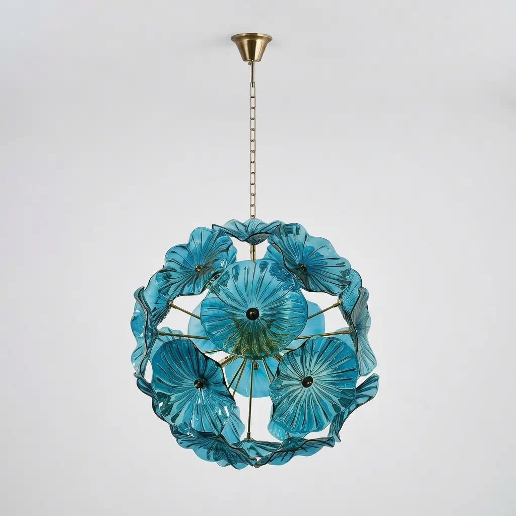 Murano-Style Blue Lotus Leaf Glass Chandelier Modern Handcrafted Art Disk Glass Pendant Light
