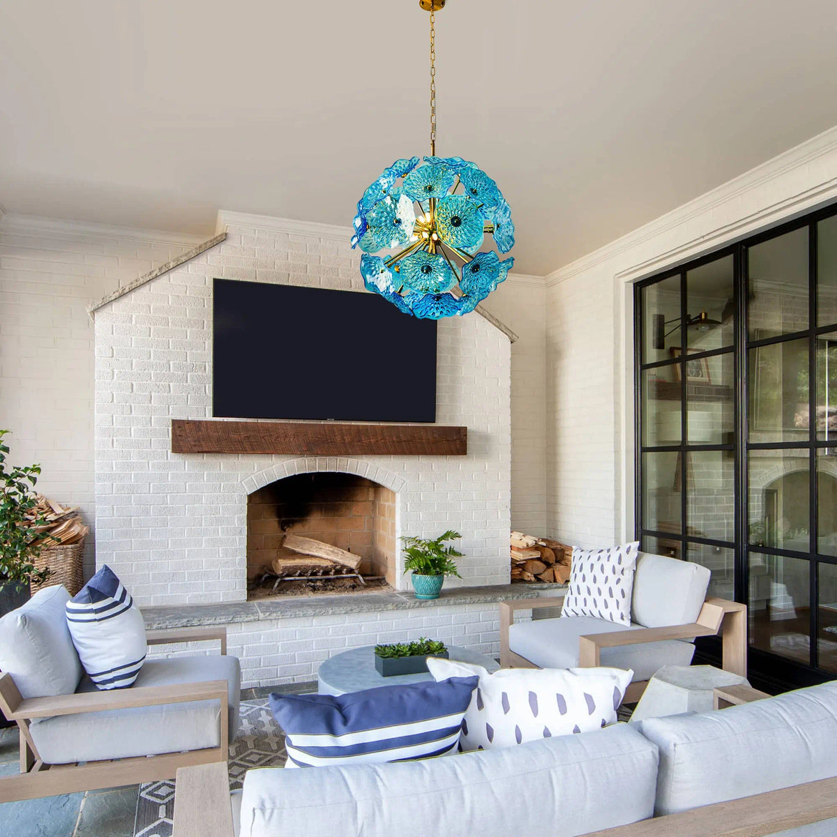 Murano-Style Blue Lotus Leaf Glass Chandelier Modern Handcrafted Art Disk Glass Pendant Light