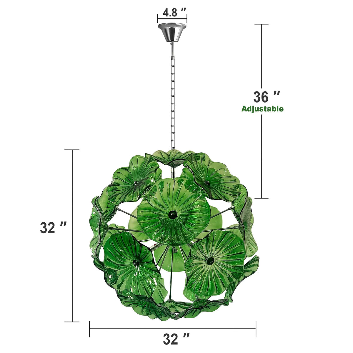 Murano-Style Green Lotus Leaf Glass Disk Chandelier Globular Handcrafted Floral Art Pendant Light