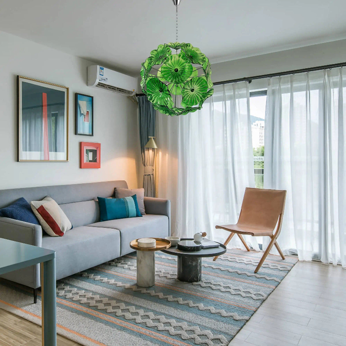 Murano-Style Green Lotus Leaf Glass Disk Chandelier Globular Handcrafted Floral Art Pendant Light