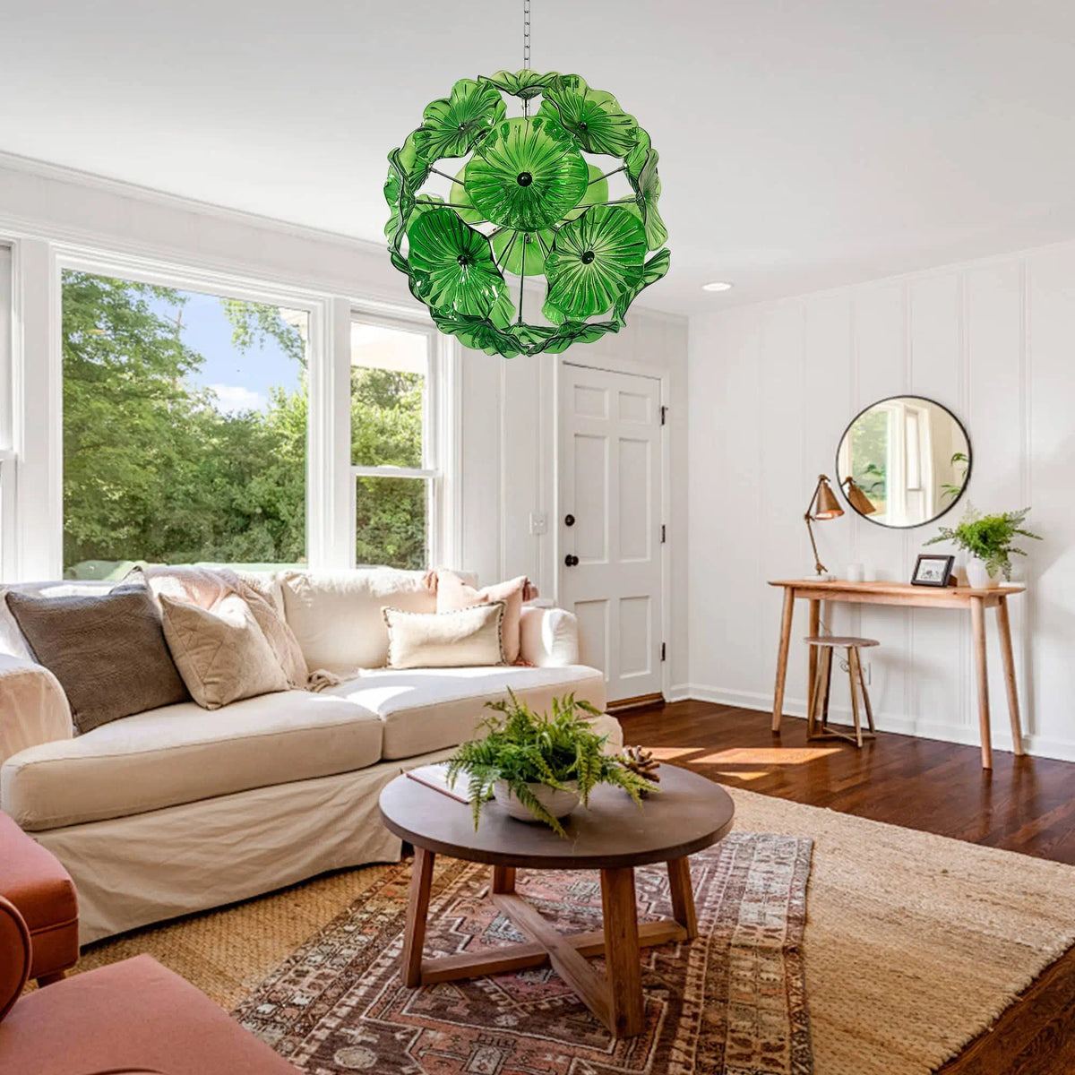 Murano-Style Green Lotus Leaf Glass Disk Chandelier Globular Handcrafted Floral Art Pendant Light