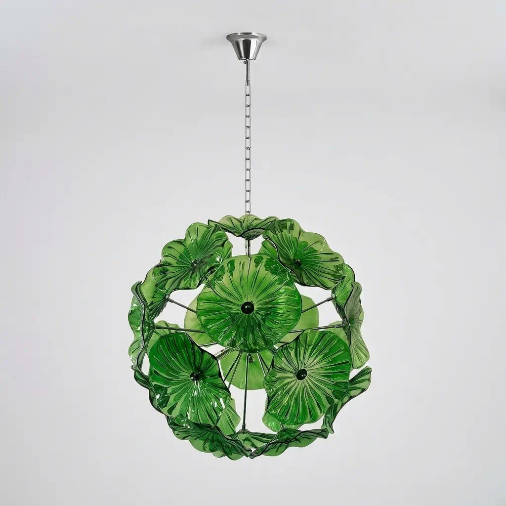 Murano-Style Green Lotus Leaf Glass Disk Chandelier Globular Handcrafted Floral Art Pendant Light