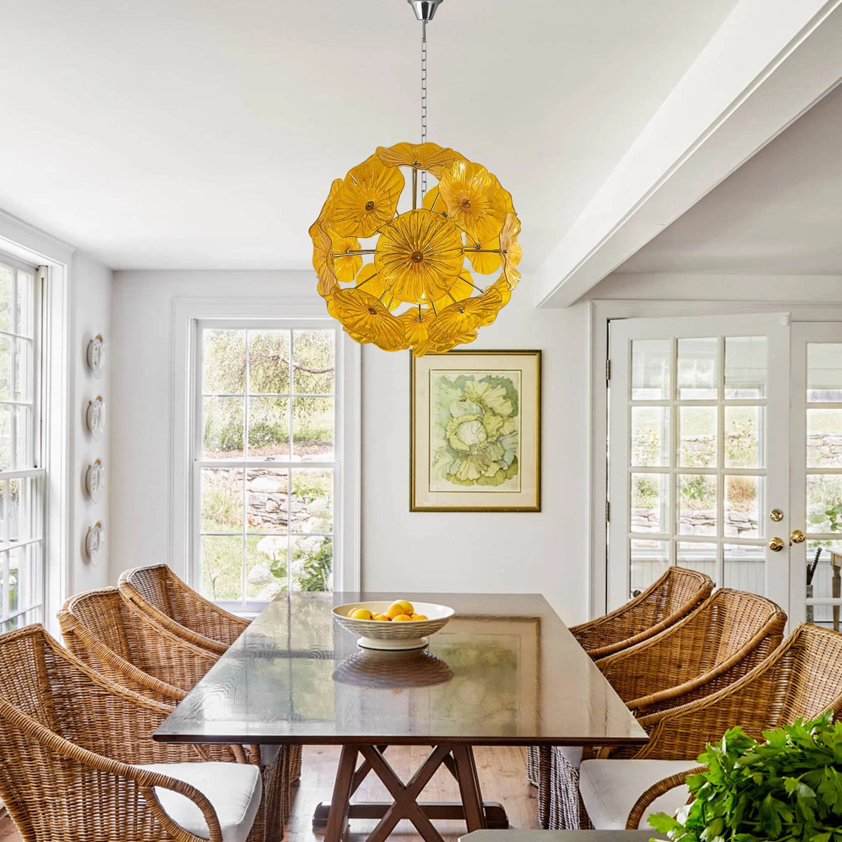 Murano-Style Yellow Lotus Leaf Glass Platter Chandelier Handcrafted Modern Art Glass Disk Pendant Light