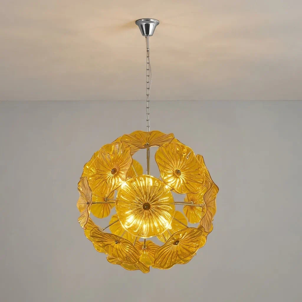 Murano-Style Yellow Lotus Leaf Glass Platter Chandelier Handcrafted Modern Art Glass Disk Pendant Light