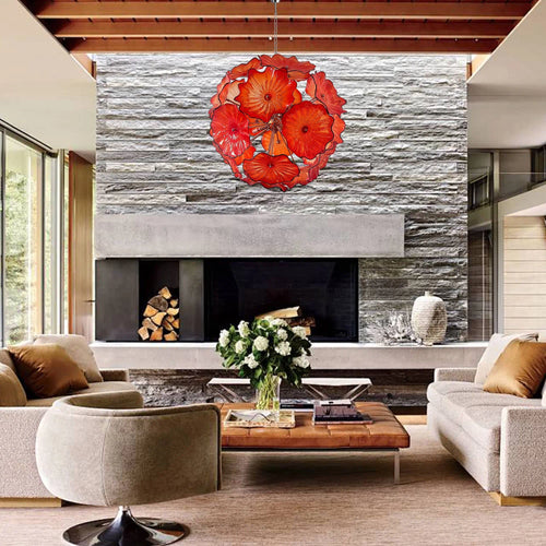 Murano-Style Red Lotus Leaf Glass Platter Chandelier Spherical Art Glass Disk Pendant Light