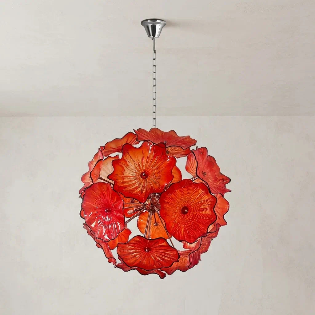 Murano-Style Red Lotus Leaf Glass Platter Chandelier Spherical Art Glass Disk Pendant Light