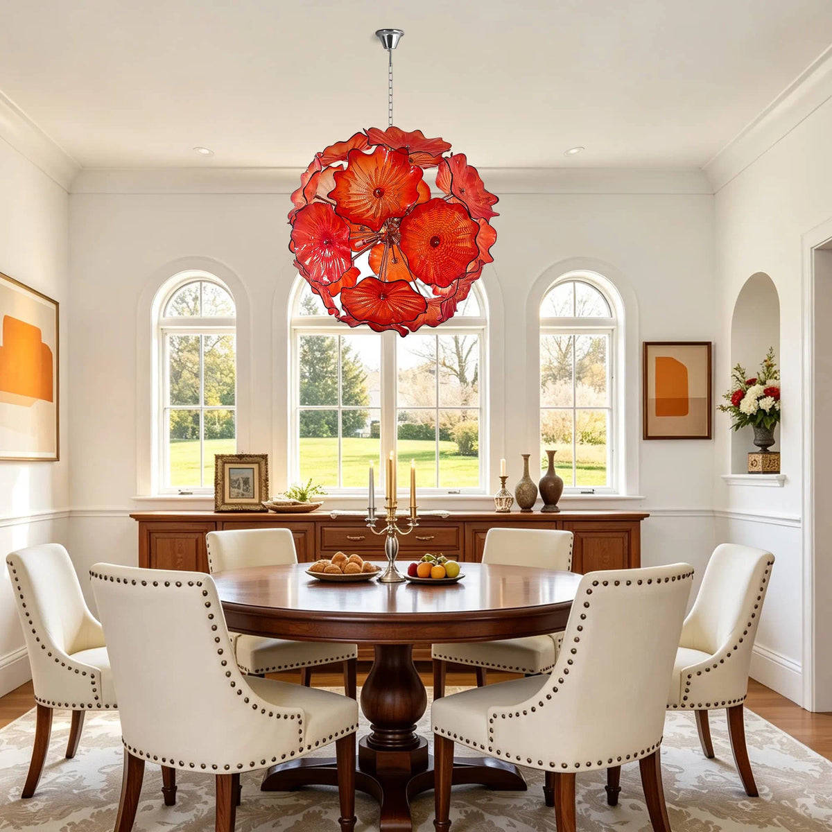 Murano-Style Red Lotus Leaf Glass Platter Chandelier Spherical Art Glass Disk Pendant Light