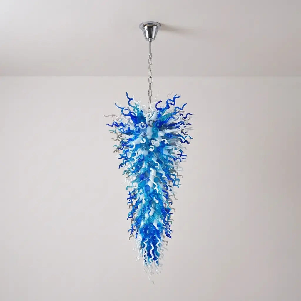 Extra Large Blue White Blown Glass Chandelier Grand Arctic Cascade Inverted Cone Art Pendant Light