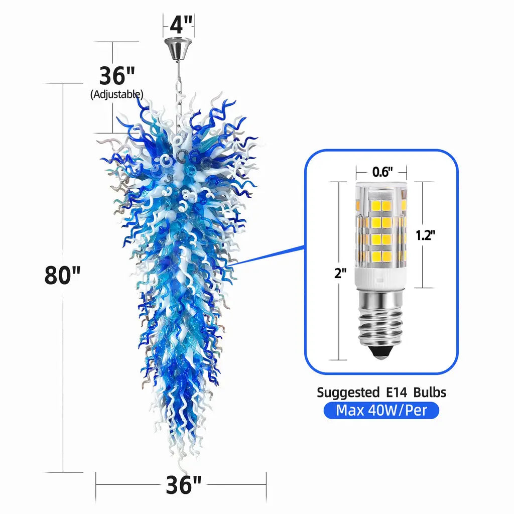 Extra Large Blue White Blown Glass Chandelier Grand Arctic Cascade Inverted Cone Art Pendant Light