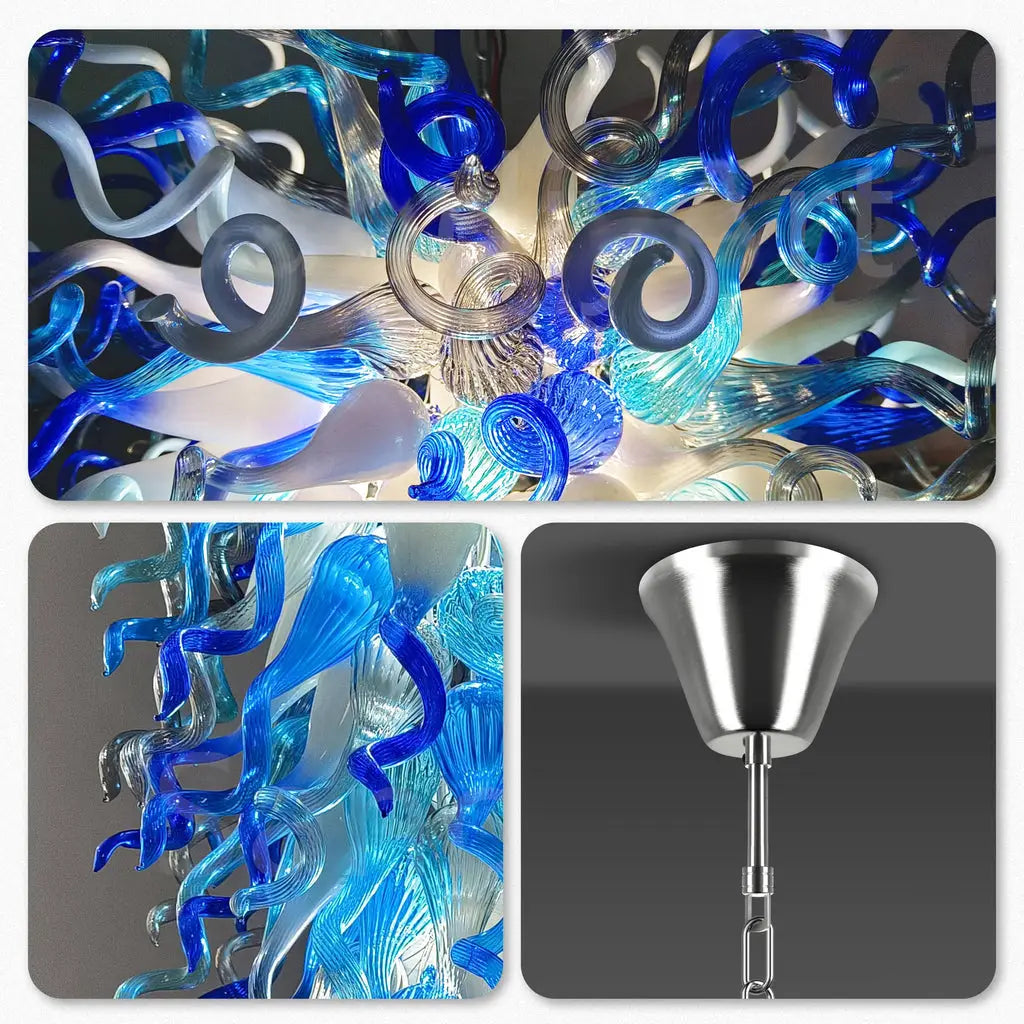 Extra Large Blue White Blown Glass Chandelier Grand Arctic Cascade Inverted Cone Art Pendant Light